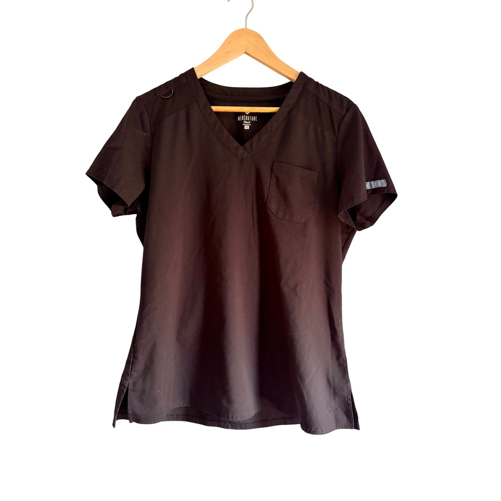 Med Couture Touch Women Scrub Top‎ Black V-Neck Chest Pocket Ribbed Knit Medium